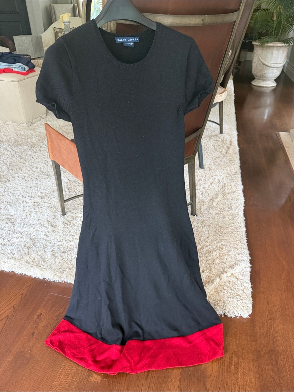 Ralph Lauren Black Knit Midi Dress with Red Hem Accent